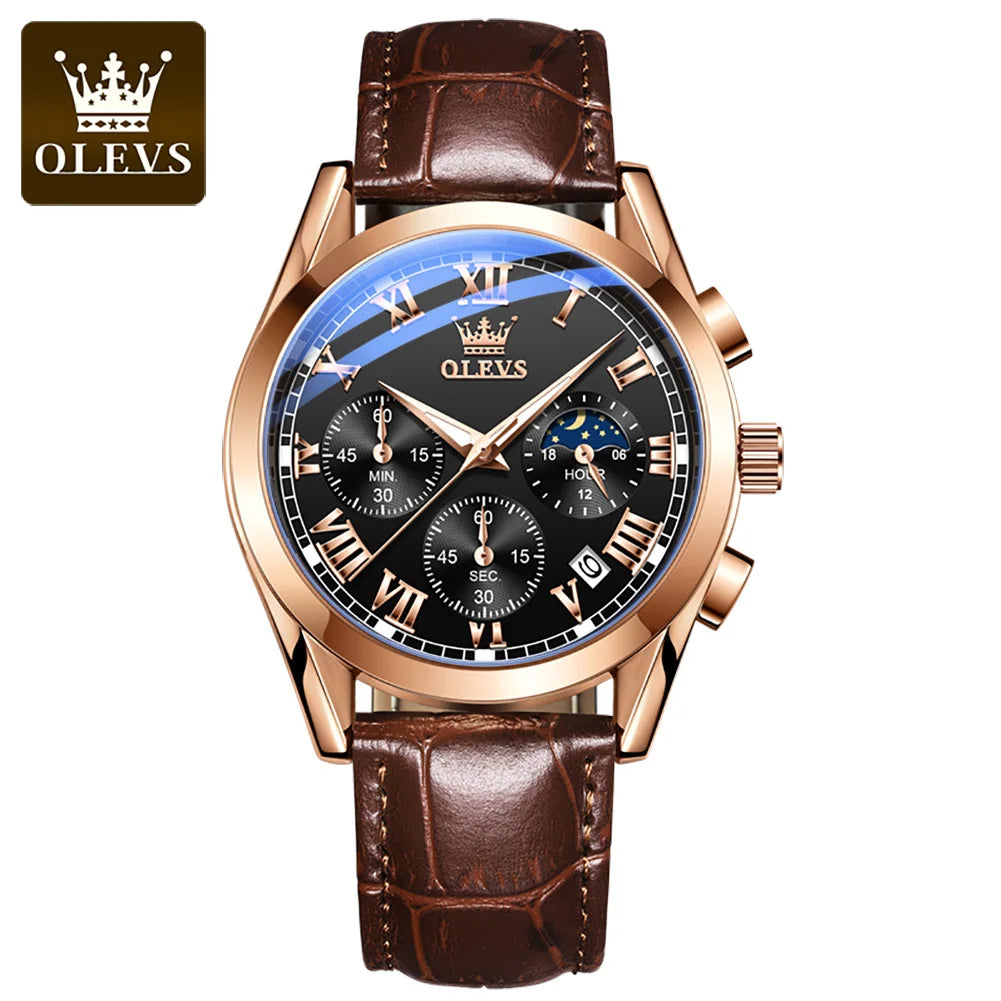 OLEVS 2871 2024 New Quartz Watch for Men Top Brand Leather Watches Moon Phase Waterproof Mens Fashion Wrist Watches for Men