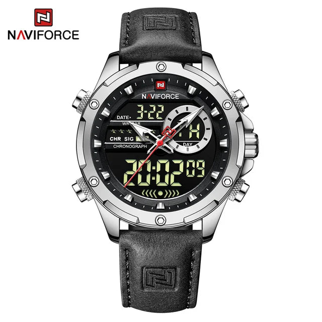 NAVIFORCE 9208 Male New Sport Genuine Leather Watches for Men Waterproof Digital Dial Chronograph Creative Luminous Wrist Watch