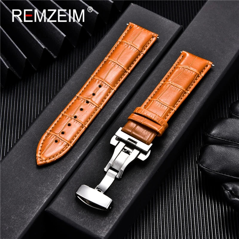 Premium Calfskin Leather Watch Band with Butterfly Buckle