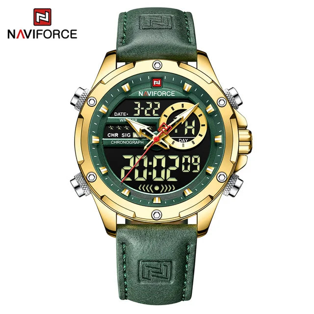 NAVIFORCE 9208 Male New Sport Genuine Leather Watches for Men Waterproof Digital Dial Chronograph Creative Luminous Wrist Watch