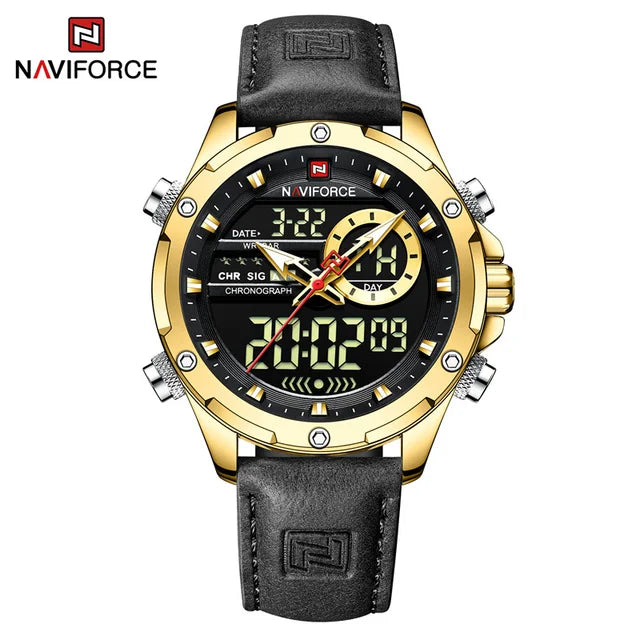 NAVIFORCE 9208 Male New Sport Genuine Leather Watches for Men Waterproof Digital Dial Chronograph Creative Luminous Wrist Watch