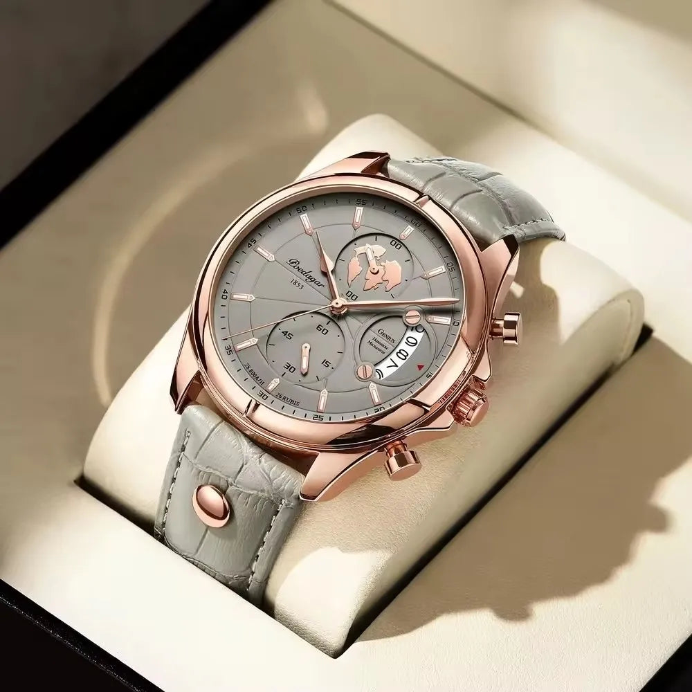 POEDAGAR 9898 Genuine Leather Watches Three Pointers Fashion Men Wristwatch Luminous Hands Shock Resistant Auto Date Clock Watch