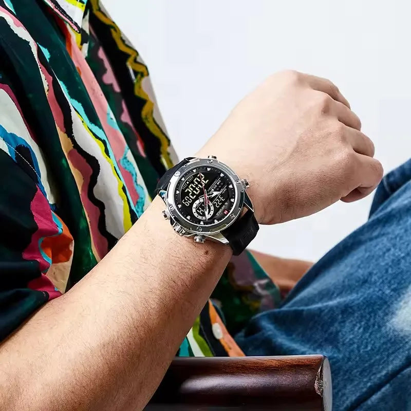 NAVIFORCE 9208 Male New Sport Genuine Leather Watches for Men Waterproof Digital Dial Chronograph Creative Luminous Wrist Watch