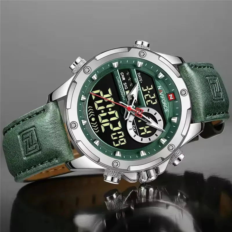 NAVIFORCE 9208 Male New Sport Genuine Leather Watches for Men Waterproof Digital Dial Chronograph Creative Luminous Wrist Watch