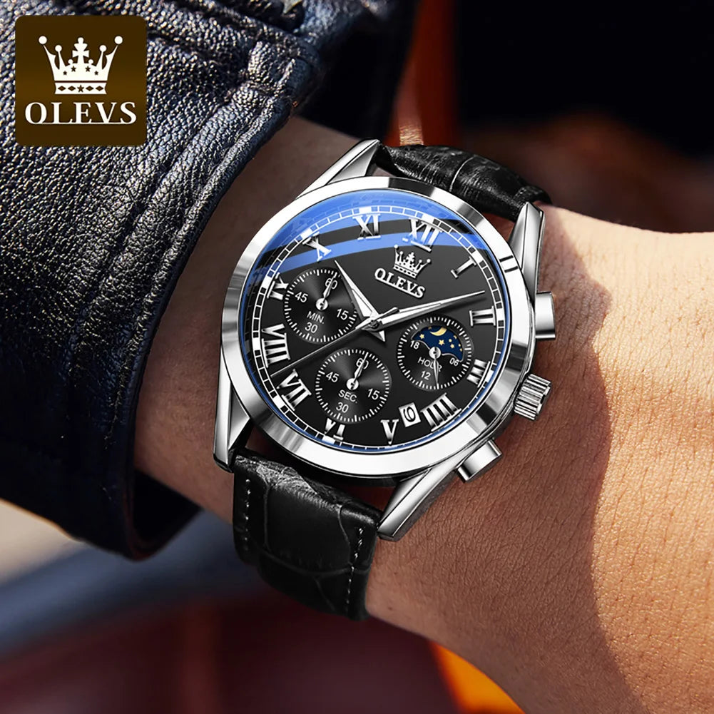 OLEVS 2871 2024 New Quartz Watch for Men Top Brand Leather Watches Moon Phase Waterproof Mens Fashion Wrist Watches for Men