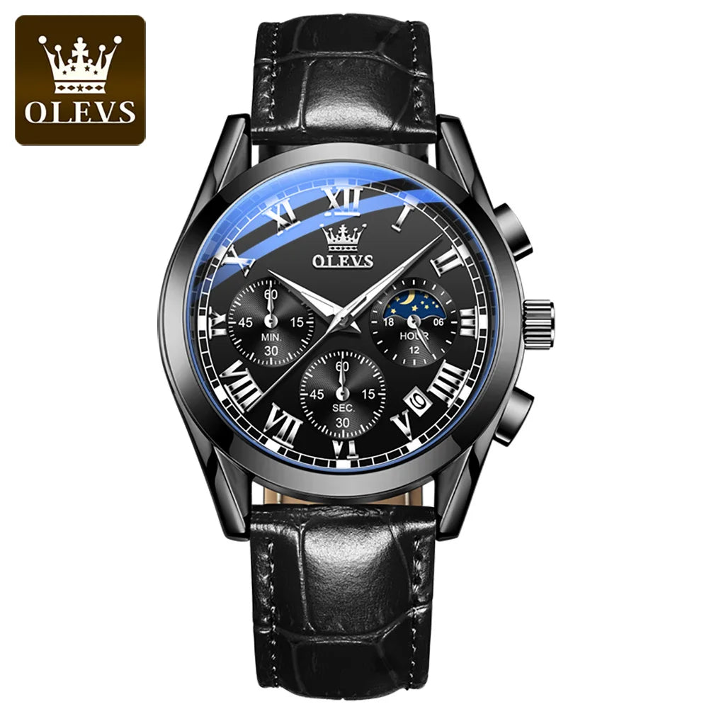 OLEVS 2871 2024 New Quartz Watch for Men Top Brand Leather Watches Moon Phase Waterproof Mens Fashion Wrist Watches for Men