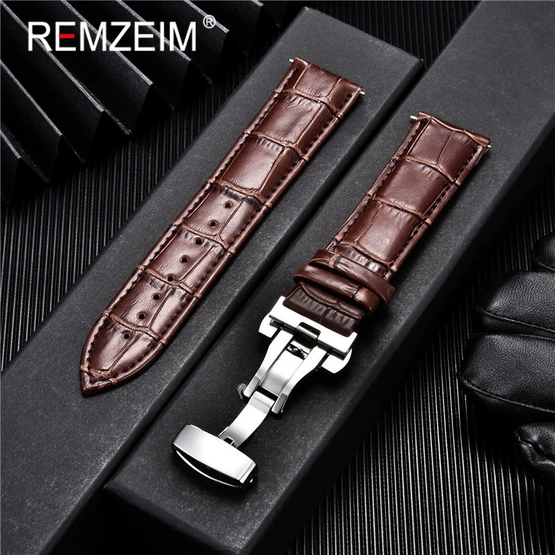 Premium Calfskin Leather Watch Band with Butterfly Buckle