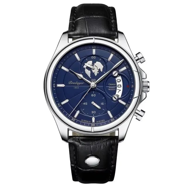 POEDAGAR 9898 Genuine Leather Watches Three Pointers Fashion Men Wristwatch Luminous Hands Shock Resistant Auto Date Clock Watch