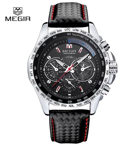 MEGIR 1010 Fashion Man's Quartz Analog Wristwatch Brand Waterproof Classy Leather Watches for Men Casual Black Watch Male