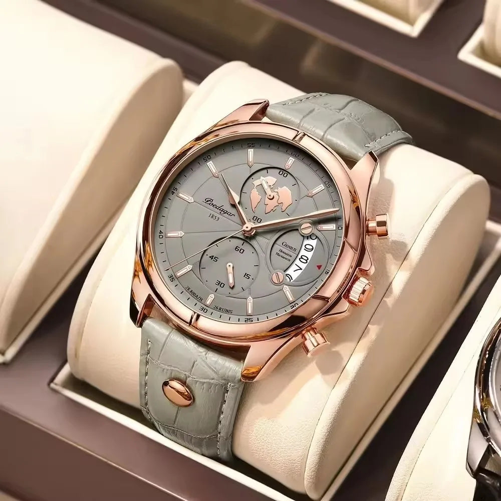 POEDAGAR 9898 Genuine Leather Watches Three Pointers Fashion Men Wristwatch Luminous Hands Shock Resistant Auto Date Clock Watch