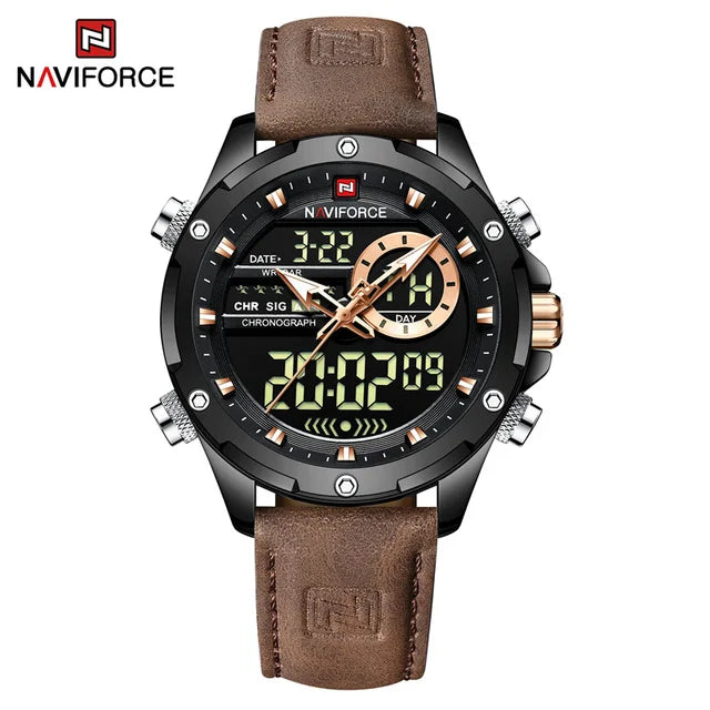 NAVIFORCE 9208 Male New Sport Genuine Leather Watches for Men Waterproof Digital Dial Chronograph Creative Luminous Wrist Watch