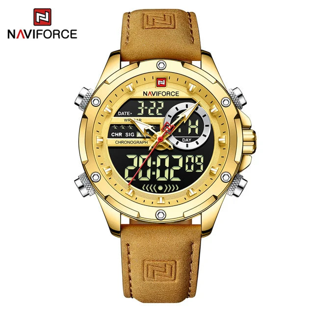 NAVIFORCE 9208 Male New Sport Genuine Leather Watches for Men Waterproof Digital Dial Chronograph Creative Luminous Wrist Watch