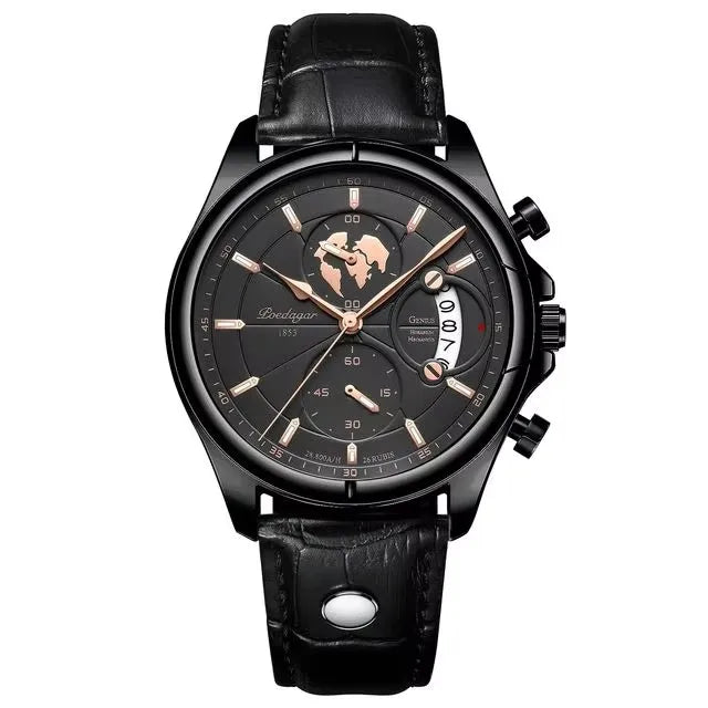 POEDAGAR 9898 Genuine Leather Watches Three Pointers Fashion Men Wristwatch Luminous Hands Shock Resistant Auto Date Clock Watch