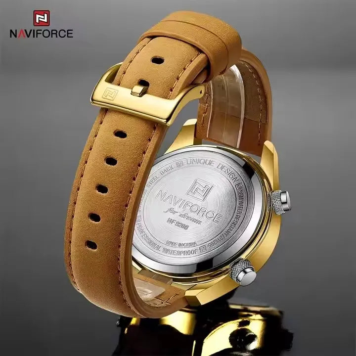 NAVIFORCE 9208 Male New Sport Genuine Leather Watches for Men Waterproof Digital Dial Chronograph Creative Luminous Wrist Watch