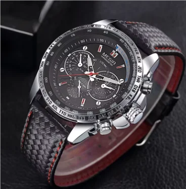 MEGIR 1010 Fashion Man's Quartz Analog Wristwatch Brand Waterproof Classy Leather Watches for Men Casual Black Watch Male