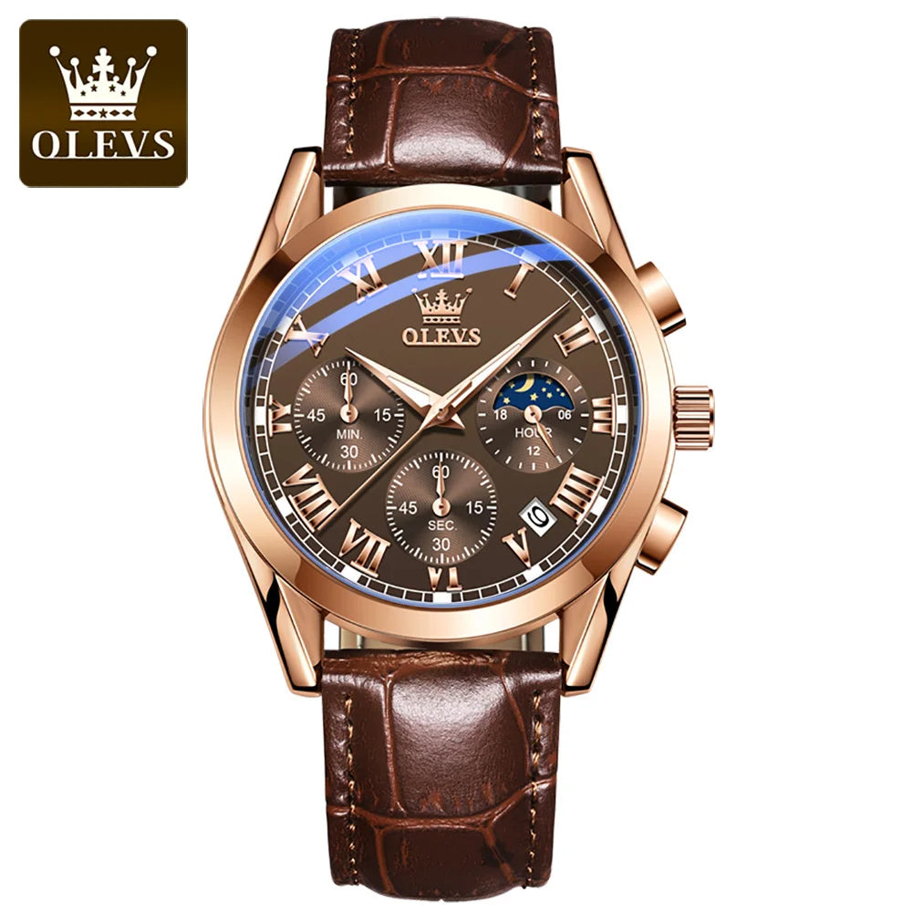 OLEVS 2871 2024 New Quartz Watch for Men Top Brand Leather Watches Moon Phase Waterproof Mens Fashion Wrist Watches for Men