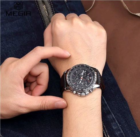 MEGIR 1010 Fashion Man's Quartz Analog Wristwatch Brand Waterproof Classy Leather Watches for Men Casual Black Watch Male