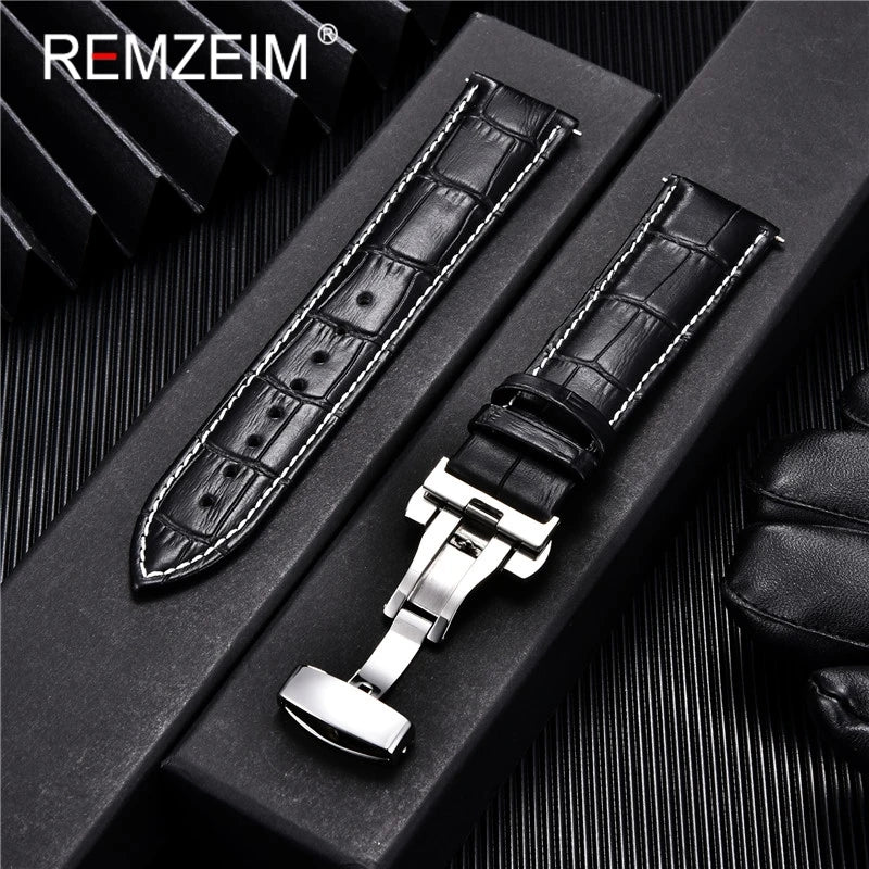 Premium Calfskin Leather Watch Band with Butterfly Buckle