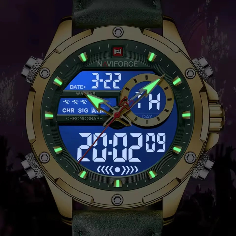 NAVIFORCE 9208 Male New Sport Genuine Leather Watches for Men Waterproof Digital Dial Chronograph Creative Luminous Wrist Watch