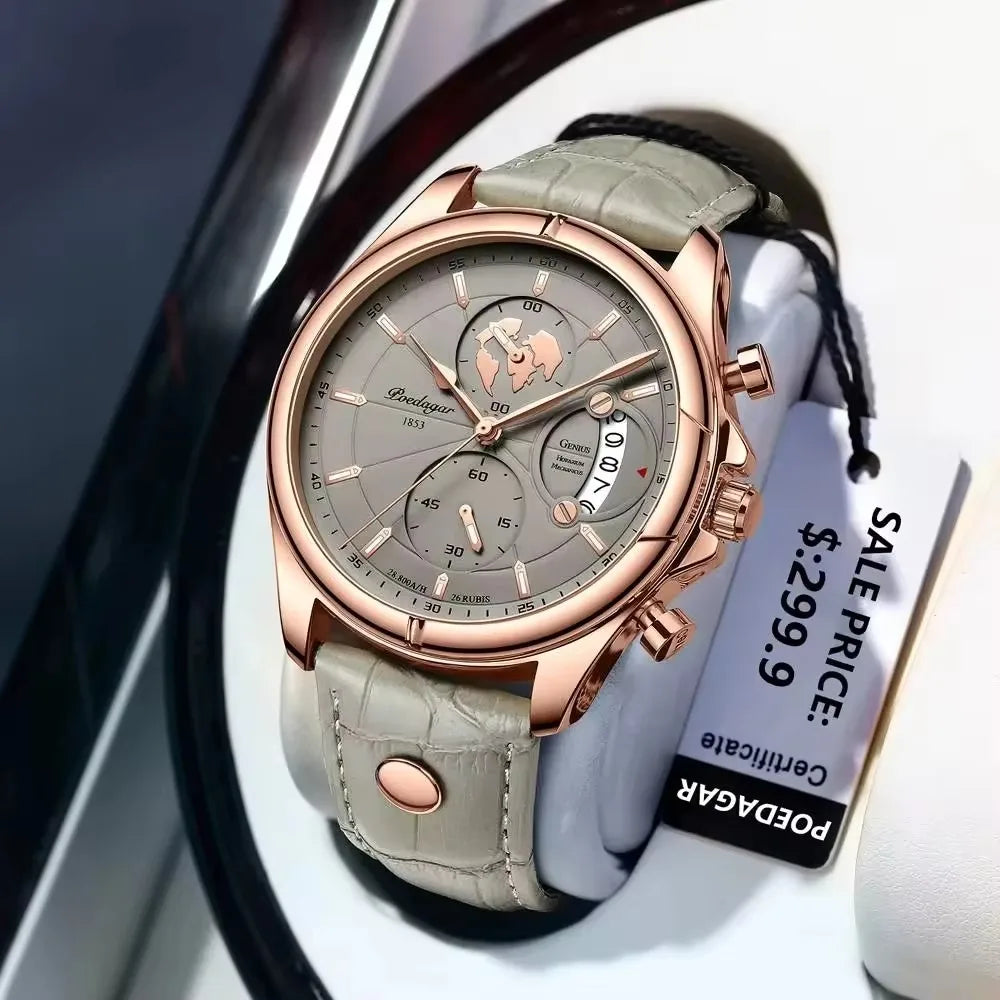 POEDAGAR 9898 Genuine Leather Watches Three Pointers Fashion Men Wristwatch Luminous Hands Shock Resistant Auto Date Clock Watch