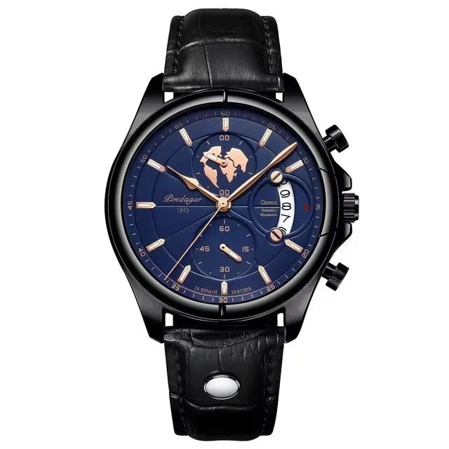 POEDAGAR 9898 Genuine Leather Watches Three Pointers Fashion Men Wristwatch Luminous Hands Shock Resistant Auto Date Clock Watch
