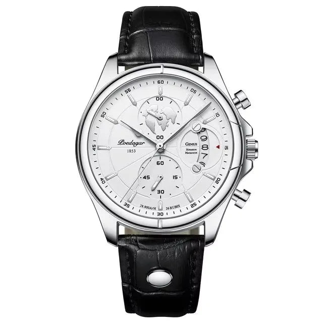 POEDAGAR 9898 Genuine Leather Watches Three Pointers Fashion Men Wristwatch Luminous Hands Shock Resistant Auto Date Clock Watch