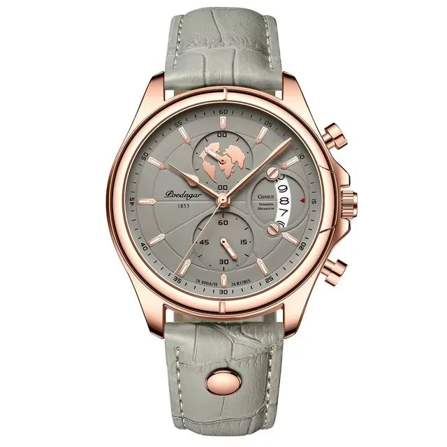 POEDAGAR 9898 Genuine Leather Watches Three Pointers Fashion Men Wristwatch Luminous Hands Shock Resistant Auto Date Clock Watch