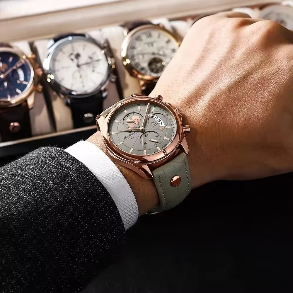POEDAGAR 9898 Genuine Leather Watches Three Pointers Fashion Men Wristwatch Luminous Hands Shock Resistant Auto Date Clock Watch