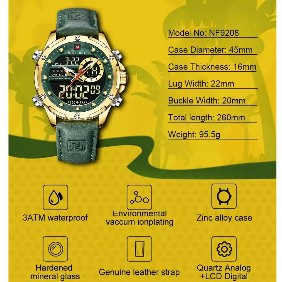 NAVIFORCE 9208 Male New Sport Genuine Leather Watches for Men Waterproof Digital Dial Chronograph Creative Luminous Wrist Watch