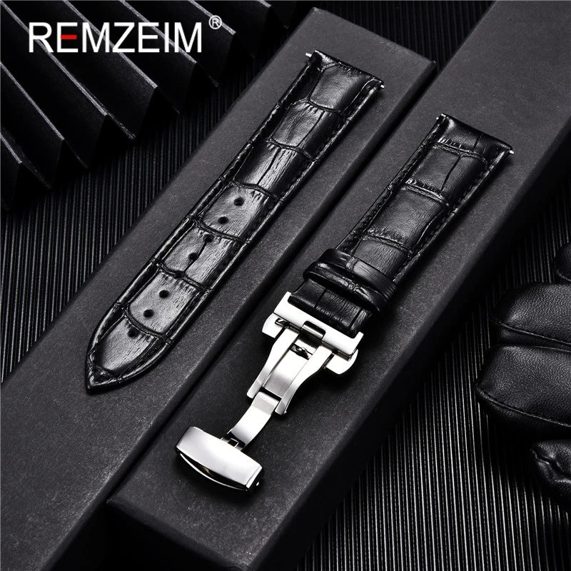Premium Calfskin Leather Watch Band with Butterfly Buckle