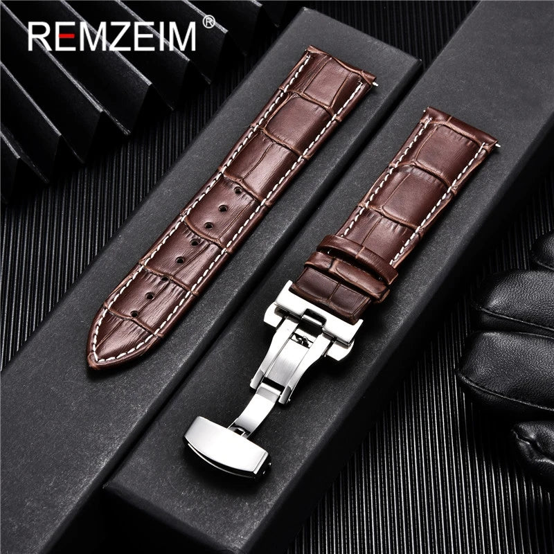 Premium Calfskin Leather Watch Band with Butterfly Buckle