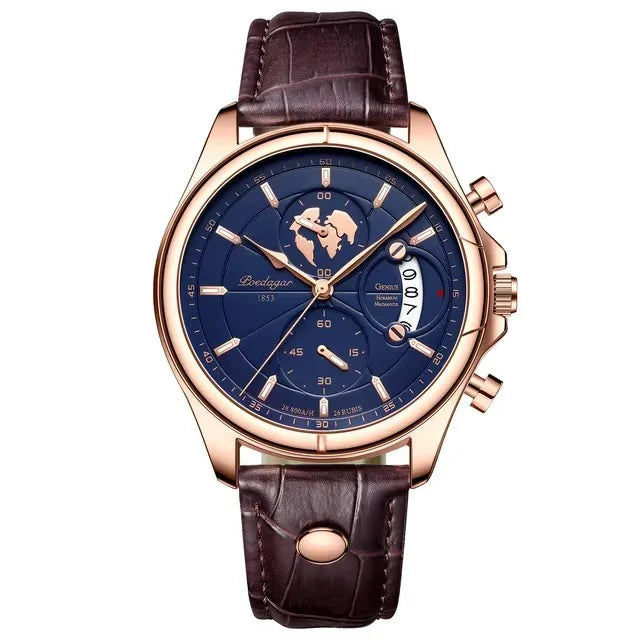 POEDAGAR 9898 Genuine Leather Watches Three Pointers Fashion Men Wristwatch Luminous Hands Shock Resistant Auto Date Clock Watch
