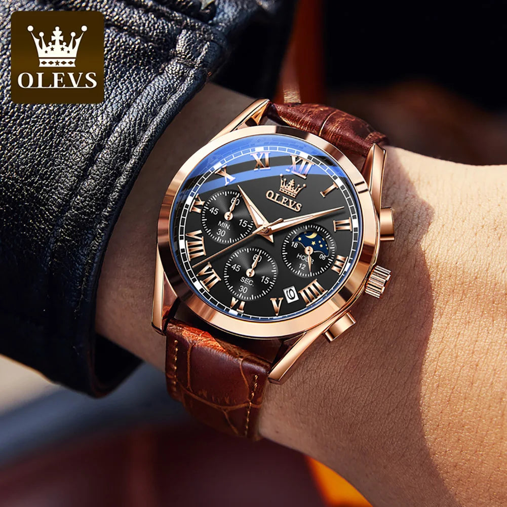 OLEVS 2871 2024 New Quartz Watch for Men Top Brand Leather Watches Moon Phase Waterproof Mens Fashion Wrist Watches for Men