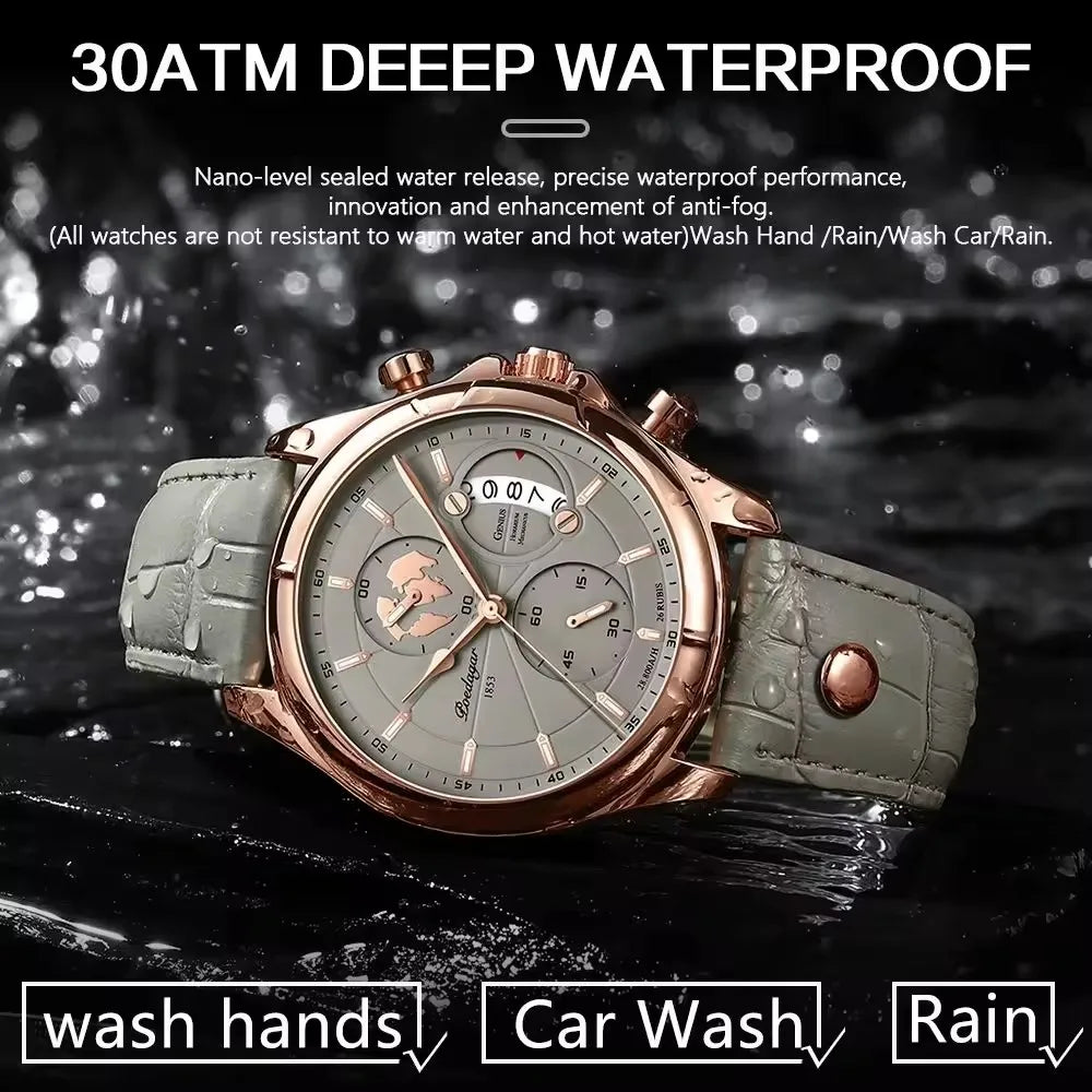 POEDAGAR 9898 Genuine Leather Watches Three Pointers Fashion Men Wristwatch Luminous Hands Shock Resistant Auto Date Clock Watch