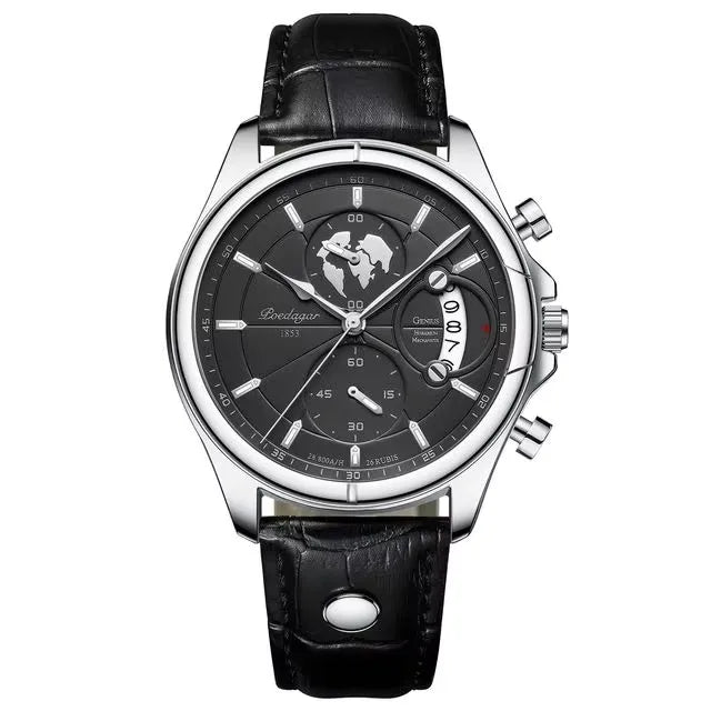 POEDAGAR 9898 Genuine Leather Watches Three Pointers Fashion Men Wristwatch Luminous Hands Shock Resistant Auto Date Clock Watch