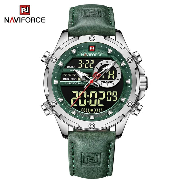 NAVIFORCE 9208 Male New Sport Genuine Leather Watches for Men Waterproof Digital Dial Chronograph Creative Luminous Wrist Watch