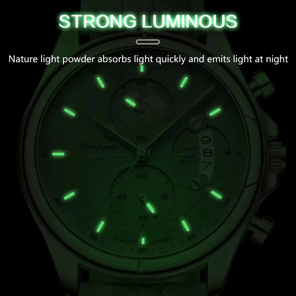 POEDAGAR 9898 Genuine Leather Watches Three Pointers Fashion Men Wristwatch Luminous Hands Shock Resistant Auto Date Clock Watch