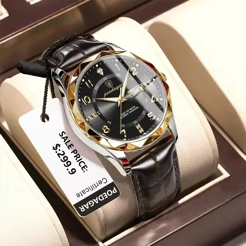Poedagar 858 New Quartz Men's Watch Luxury Fashion Waterproof Dual Calendar Wristwatch Luminous Leather Watches for Business