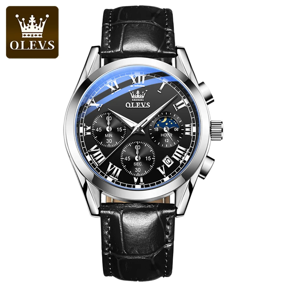 OLEVS 2871 2024 New Quartz Watch for Men Top Brand Leather Watches Moon Phase Waterproof Mens Fashion Wrist Watches for Men