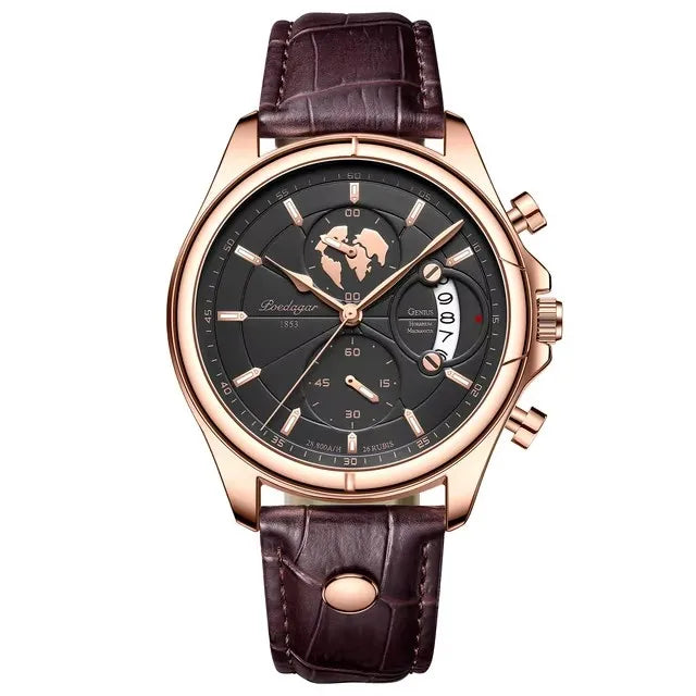 POEDAGAR 9898 Genuine Leather Watches Three Pointers Fashion Men Wristwatch Luminous Hands Shock Resistant Auto Date Clock Watch