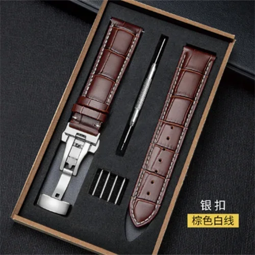 Watch Band with Wooden Box Butterfly Clasp Watchband Replacement Genuine Leather Strap 18mm 20mm 22mm Bracelet Watch Accessories