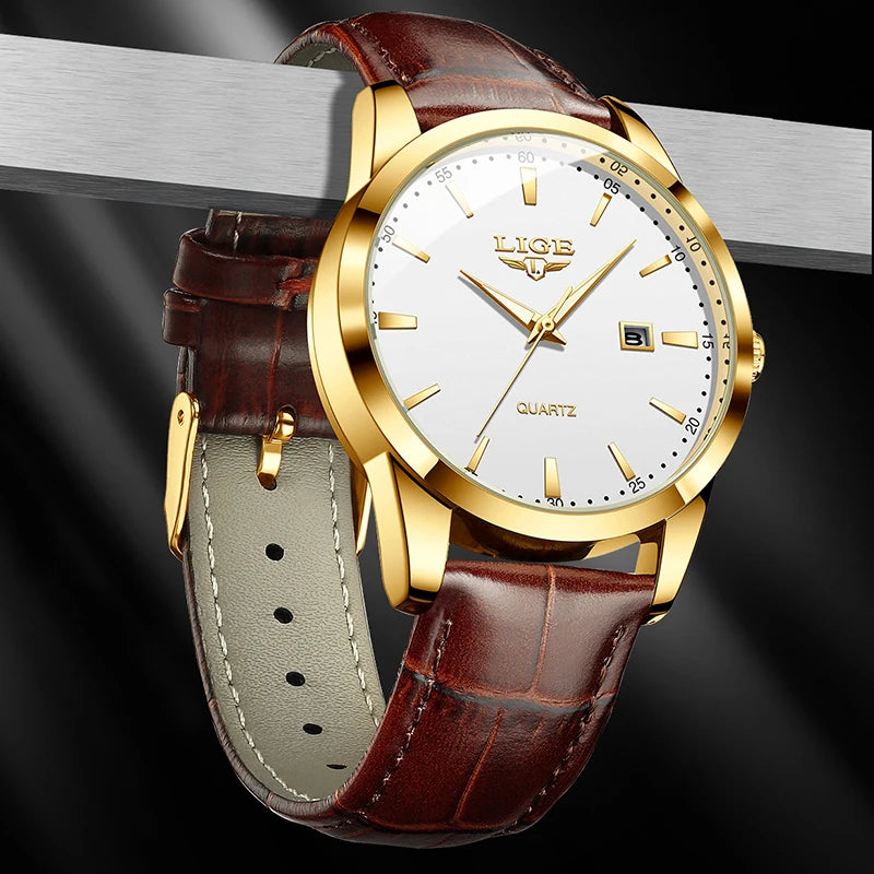 LIGE Men's Leather Chronograph Watch