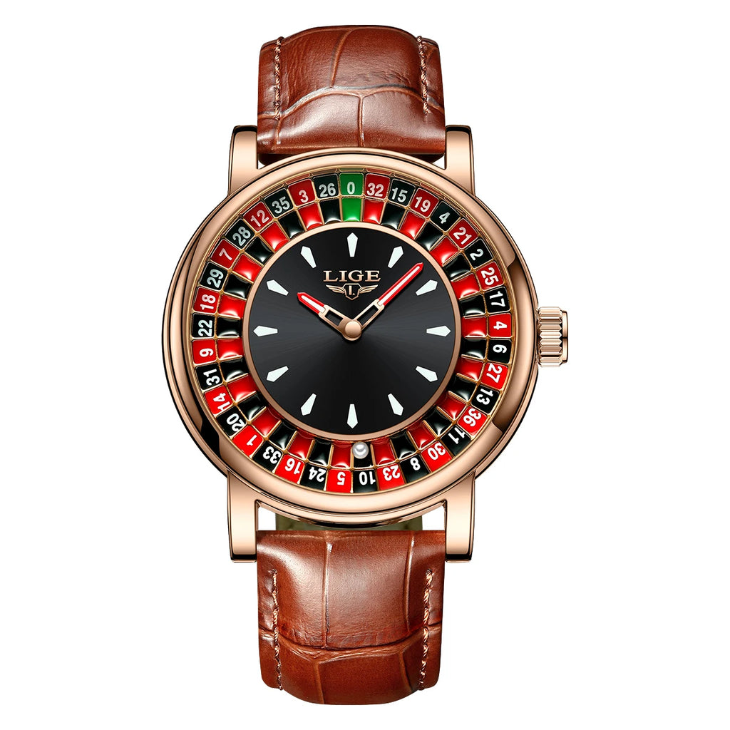 LIGE Men's Rotating Dial Leather Watch