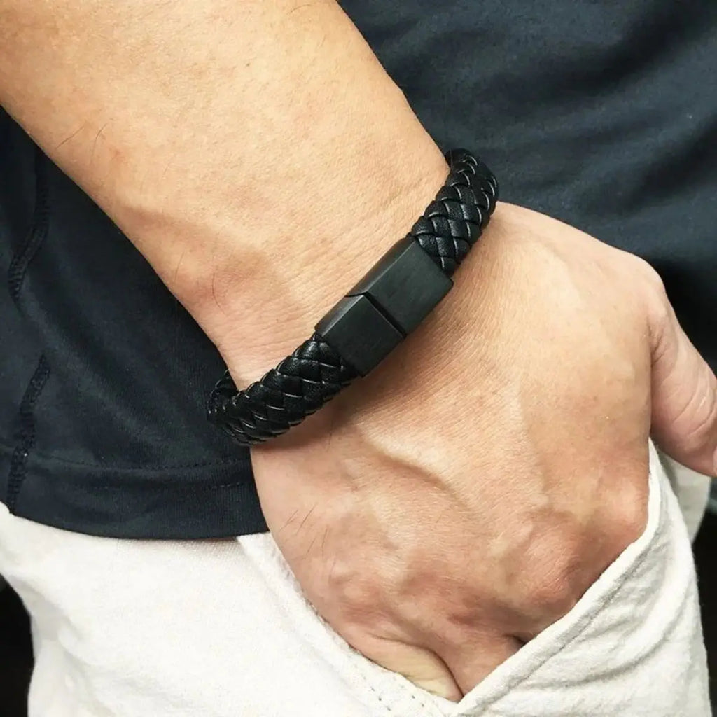 Premium Men's Woven Leather Bangle Bracelet