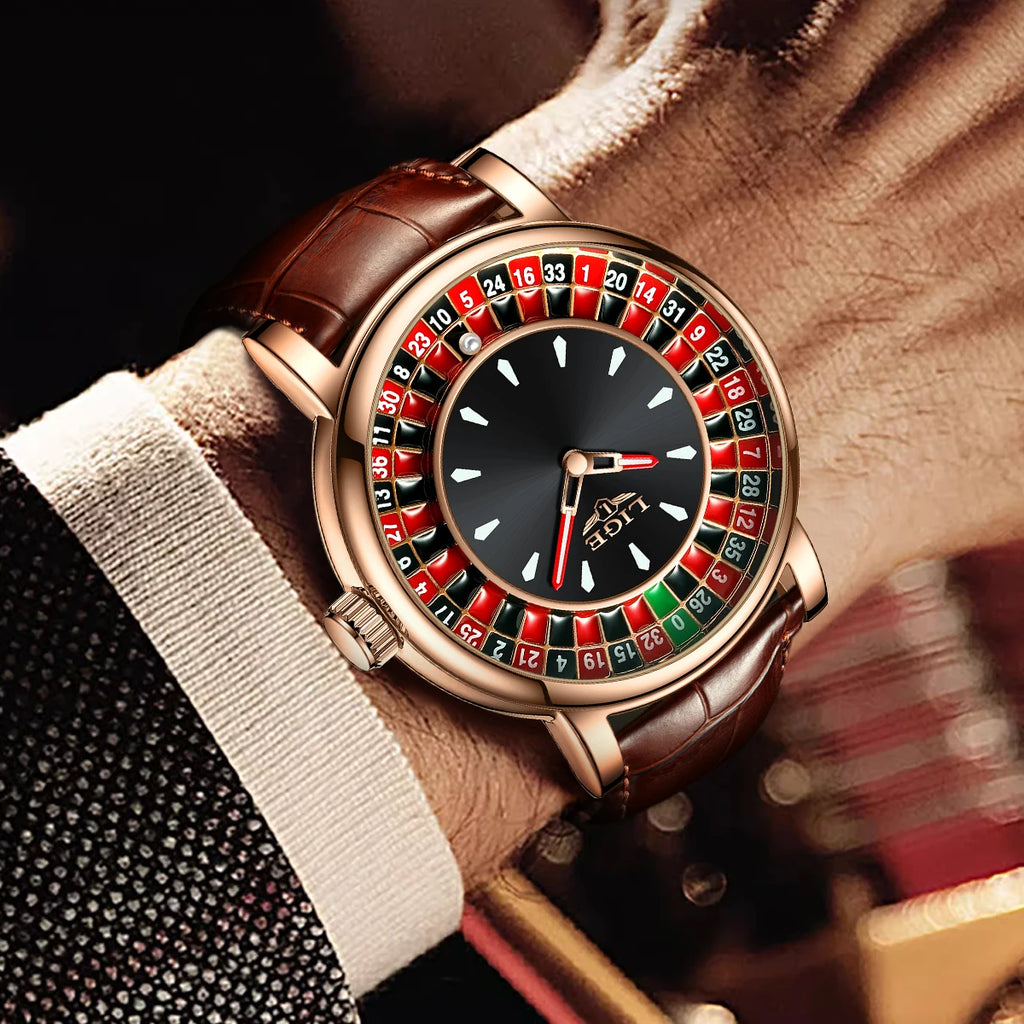 LIGE Men's Rotating Dial Leather Watch