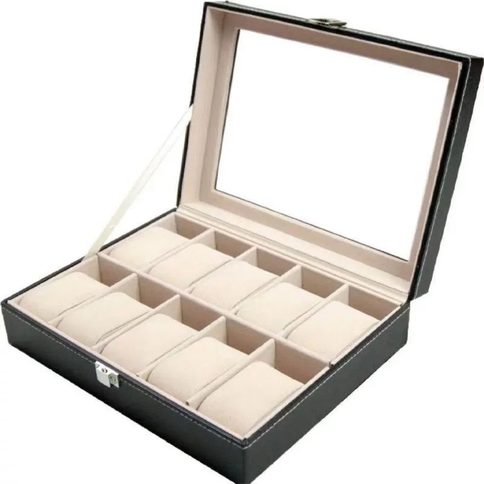 DELESYS  Classic Style 2/3/4/5/6/8/10/12/20 Slots PU Leather Watch Display Case Organizer Jewelry Storage Box With Glass Top