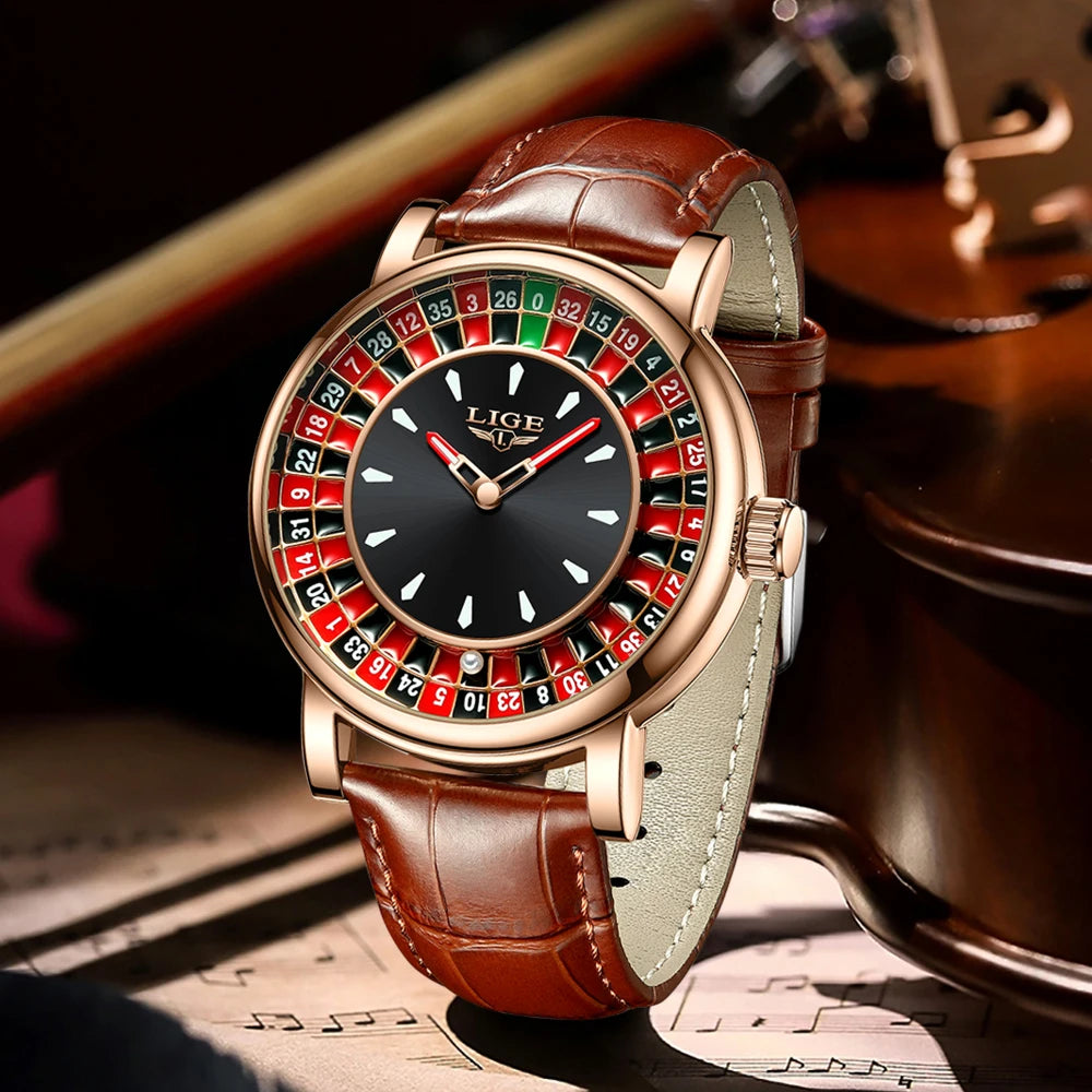 LIGE Men's Rotating Dial Leather Watch