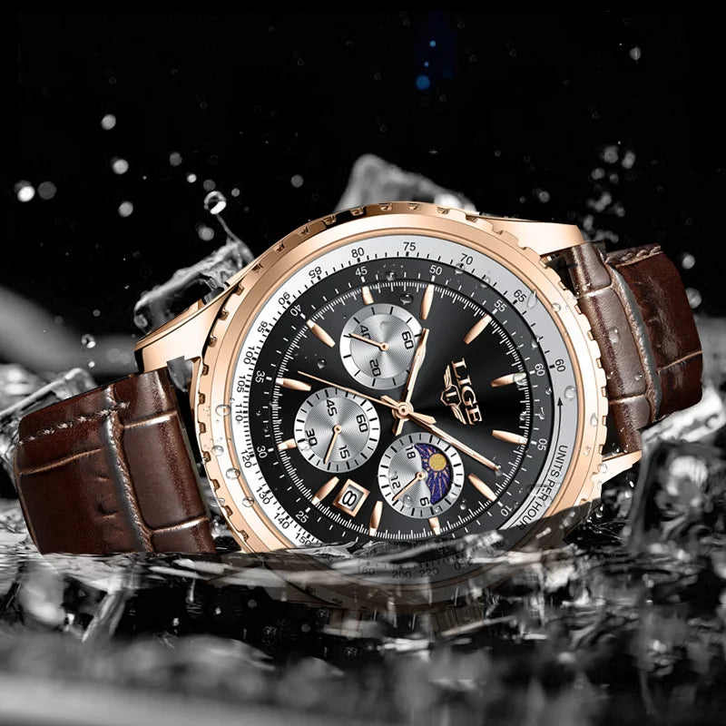New Fashion Mens Watches LIGE Top Brand Luxury Leather Casual Quartz Watch Men's Sport Waterproof Clock Watch Reloj Hombre+Box