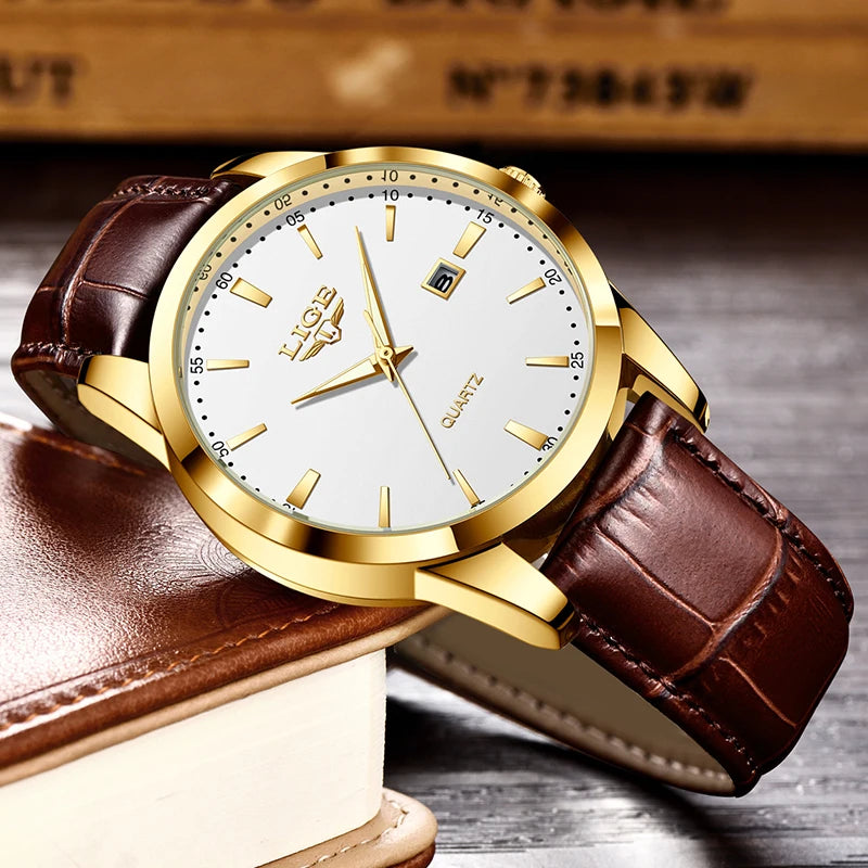 LIGE Men's Leather Chronograph Watch