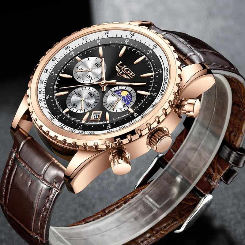 New Fashion Mens Watches LIGE Top Brand Luxury Leather Casual Quartz Watch Men's Sport Waterproof Clock Watch Reloj Hombre+Box